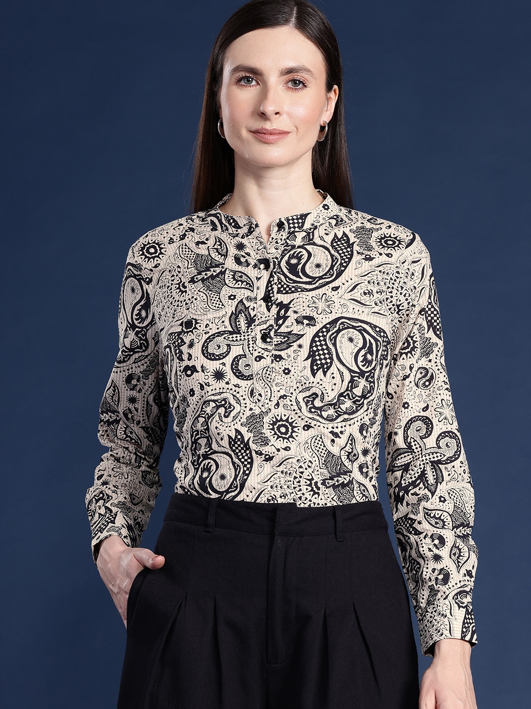 

Hancock Ethnic Print Mandarin Collar Pure Cotton Shirt Style Top, Beige
