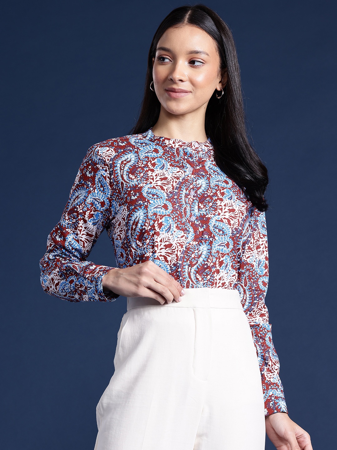 

Hancock Ethnic Print Mandarin Collar Pure Cotton Shirt Style Top, Rust
