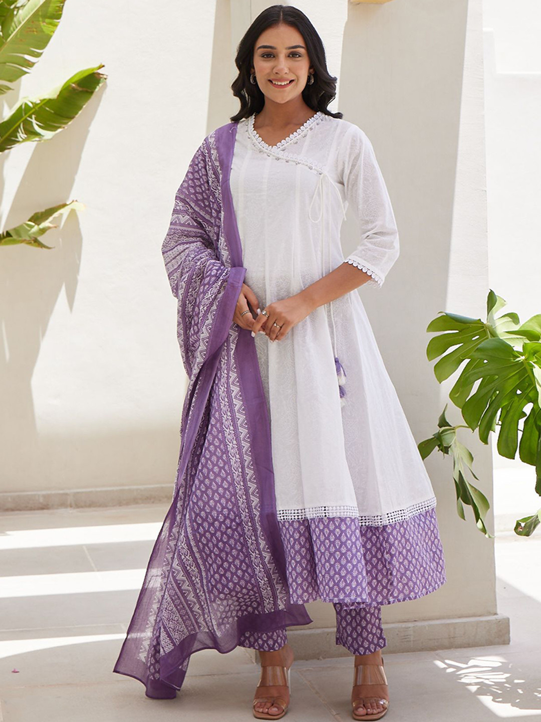 

MAAND Women Floral Printed Anarkali Pure Cotton Kurta with Trousers & With Dupatta, White
