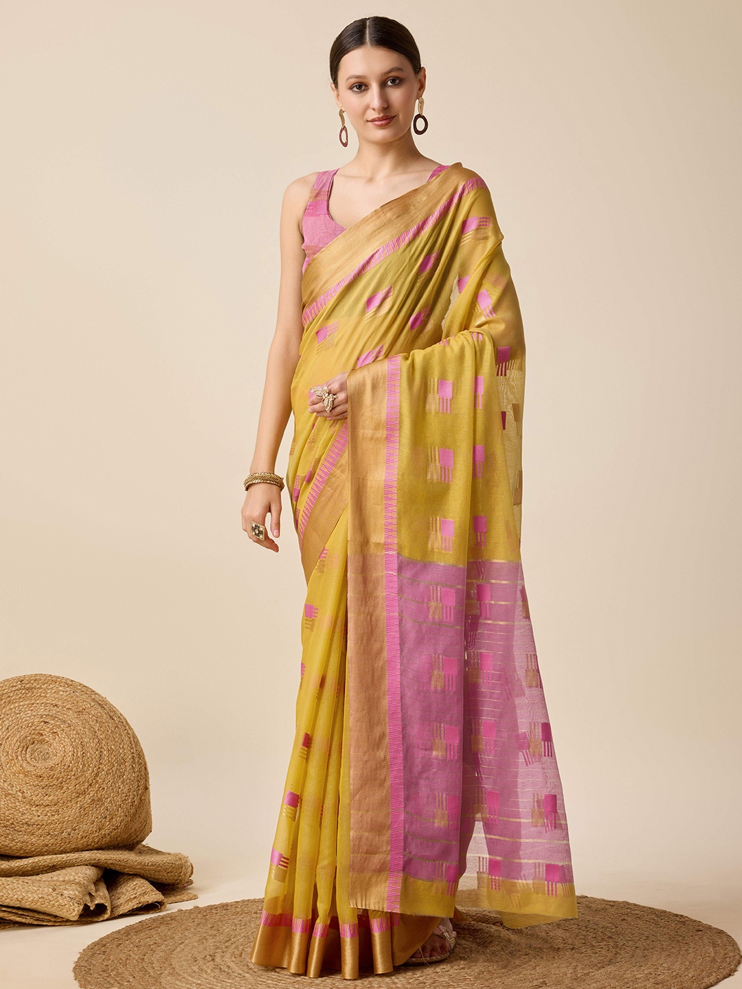 

HEER FASHION Woven Design Solid Border Banarasi Saree With Blouse, Mustard