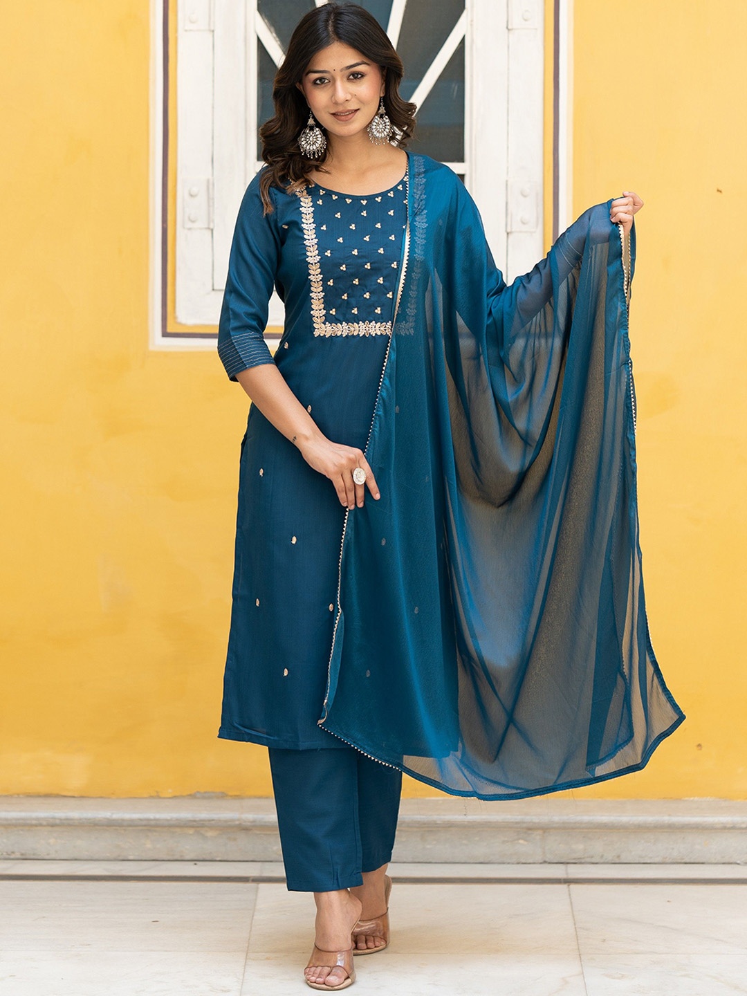 

ASPORA Floral Embroidered Sequinned Straight Kurta With Trouser & Dupatta, Turquoise blue