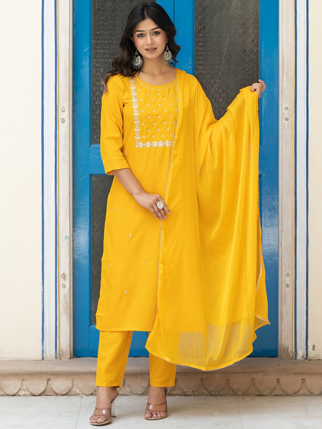 

ASPORA Floral Embroidered Sequinned Straight Kurta With Trouser & Dupatta, Mustard