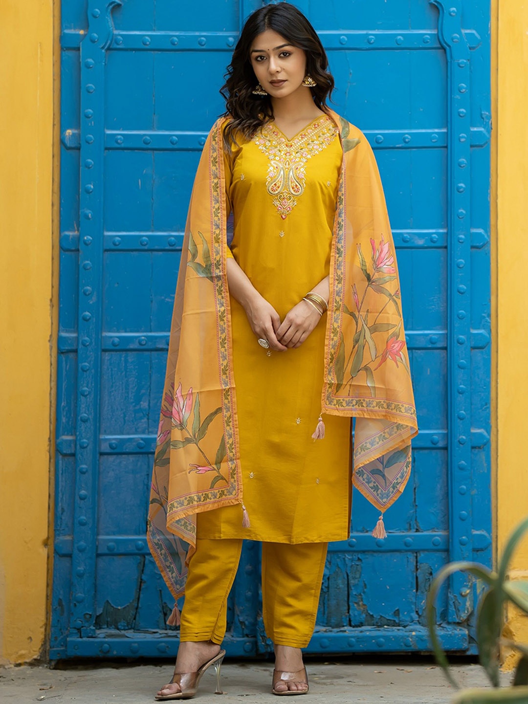 

ASPORA Floral Embroidered Thread Work Chanderi Silk Straight Kurta With Trousers & Dupatta, Mustard