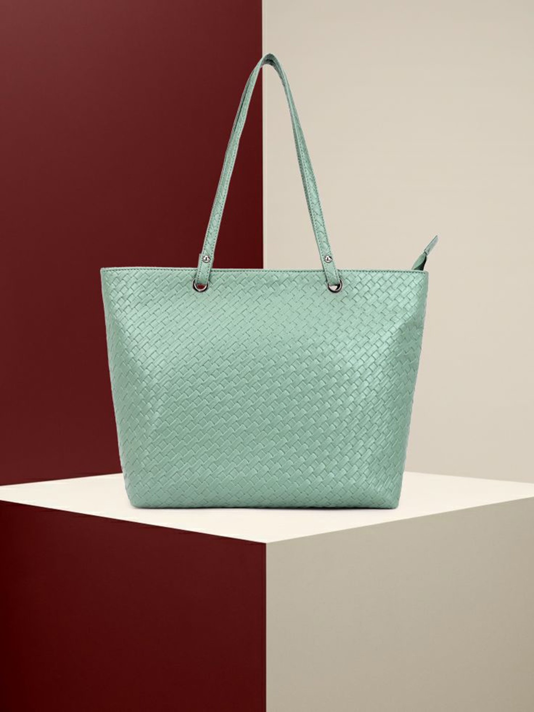 

OsaiZ Colourblocked PU Oversized Structured Tote Bag with Quilted, Sea green