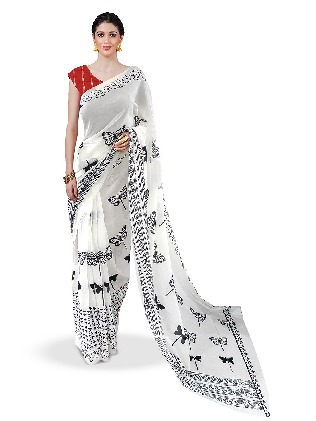 

JAIPURI PRINT Ethnic Motifs Pure Cotton Block Print Saree, White