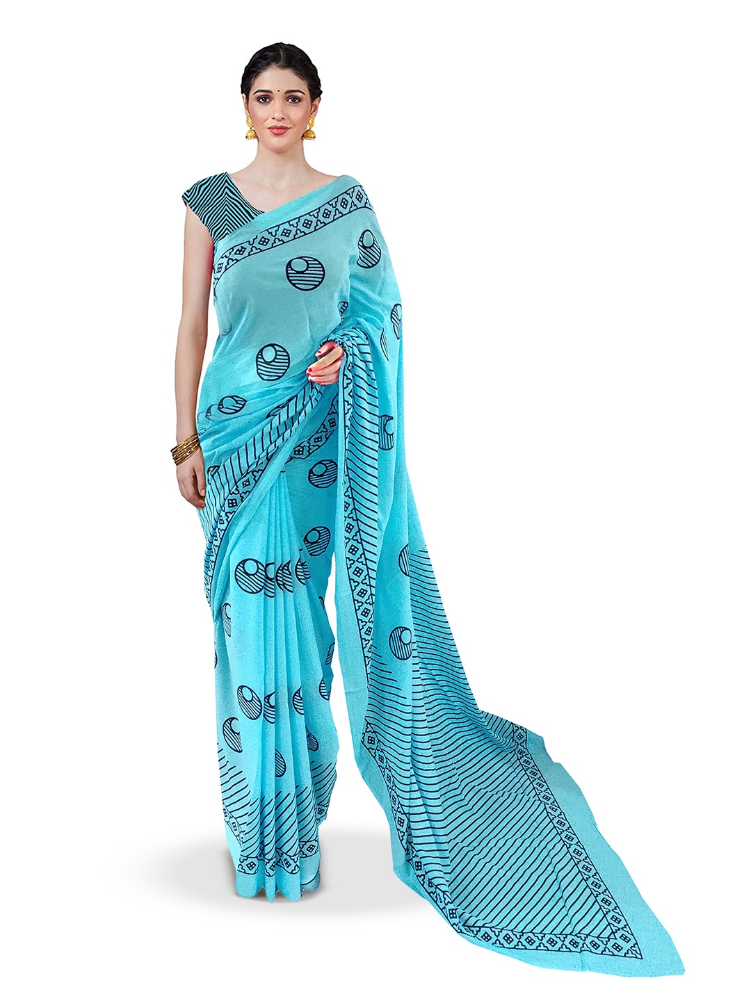 

JAIPURI PRINT Ethnic Motifs Pure Cotton Block Print Saree, Turquoise blue