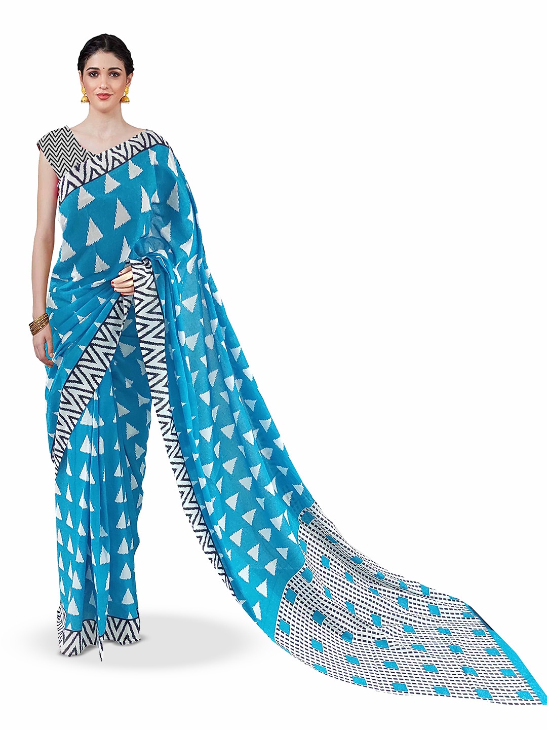 

JAIPURI PRINT Pure Cotton Block Print Saree With Blouse, Blue