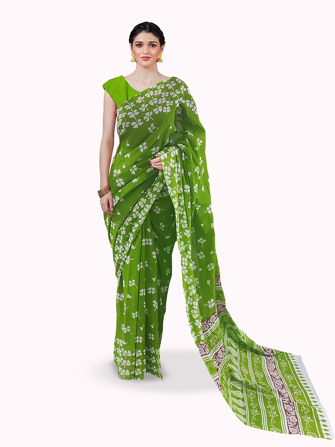 

JAIPURI PRINT Pure Cotton Block Print Saree, Green