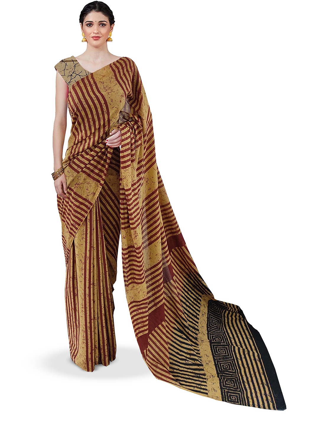 

JAIPURI PRINT Striped Pure Cotton Batik Print Saree, Brown