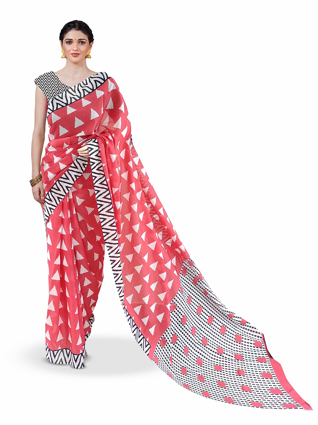 

JAIPURI PRINT Pure Cotton Block Print Saree, Red