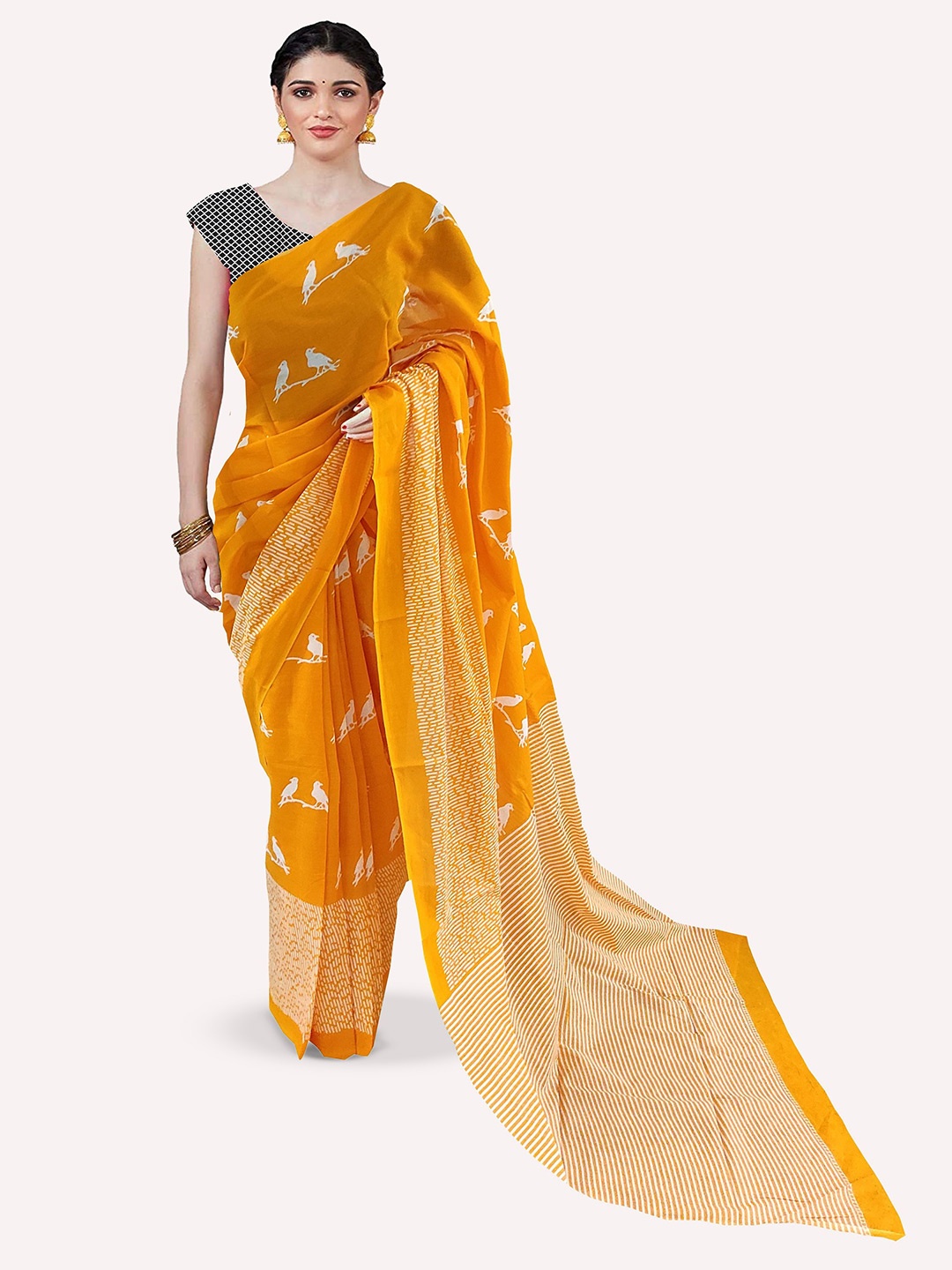 

JAIPURI PRINT Ethnic Motifs Pure Cotton Block Print Saree, Orange