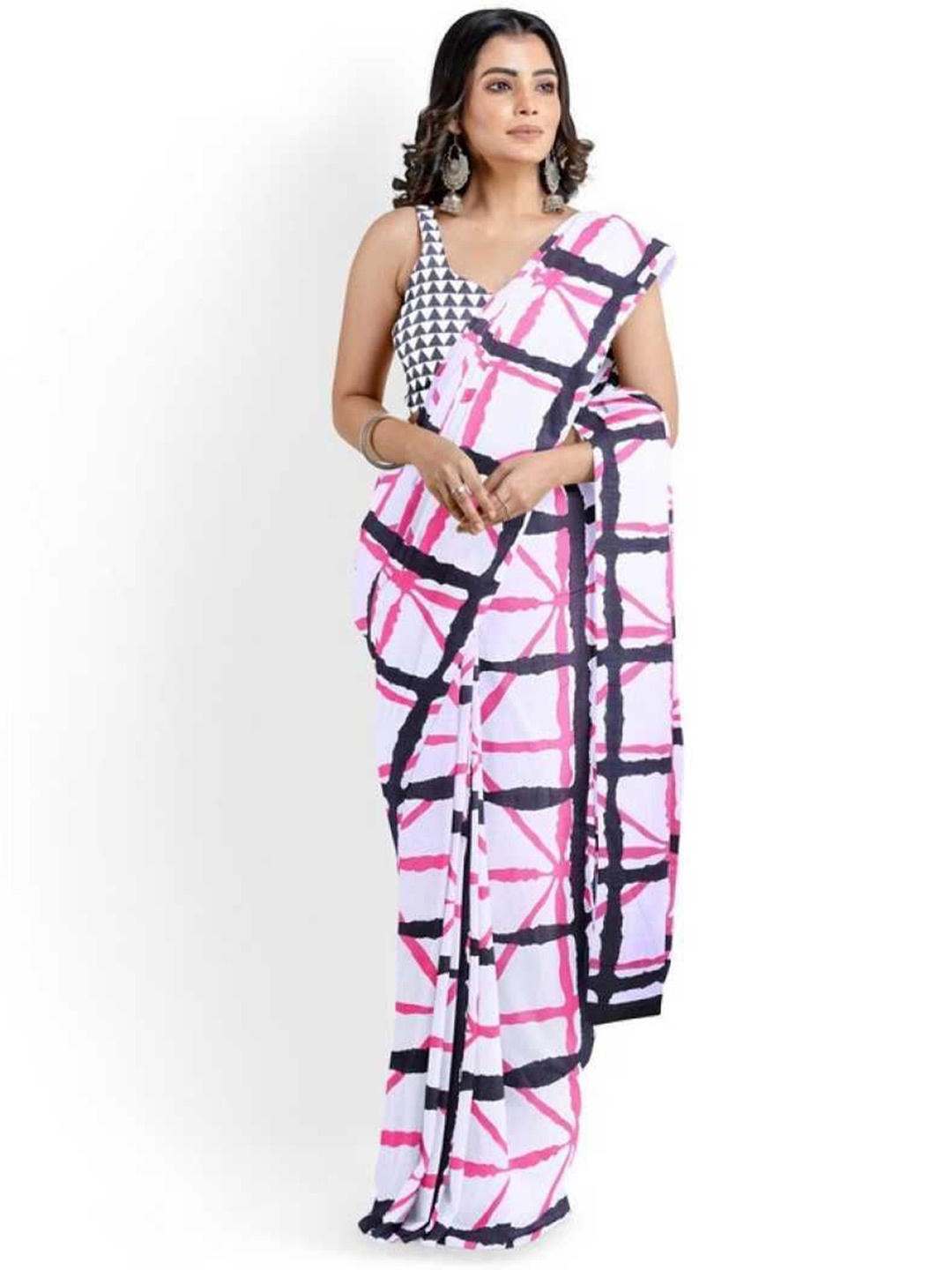 

JAIPURI PRINT Pure Cotton Block Ptinted Saree with Blouse, White
