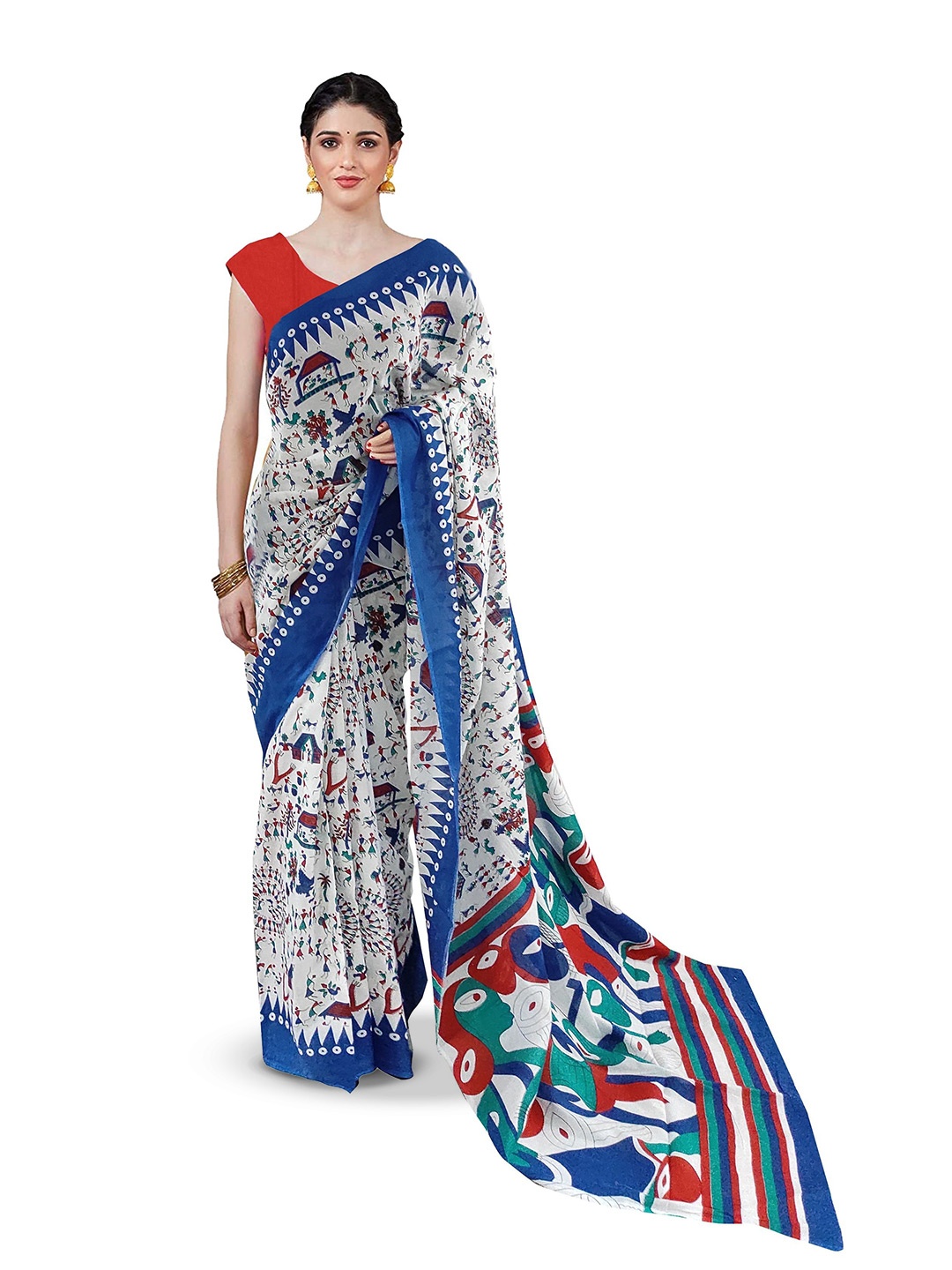 

JAIPURI PRINT Warli art Pure Cotton Solid Border Saree, White