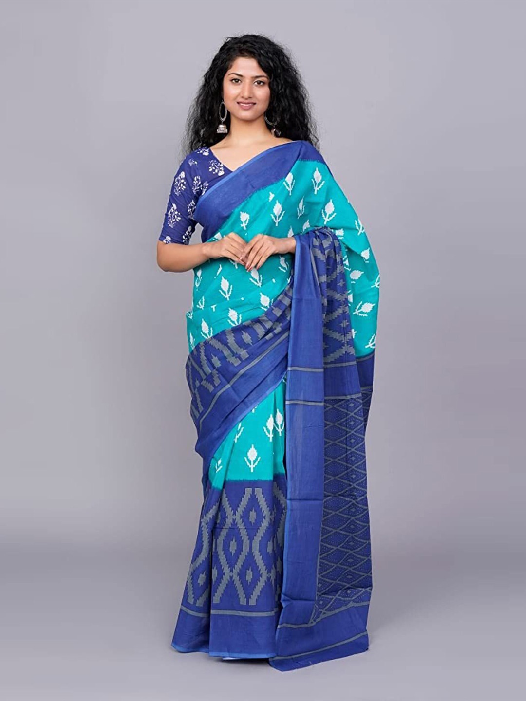 

JAIPURI PRINT Pure Cotton Ikkat Print Saree with Blouse, Blue