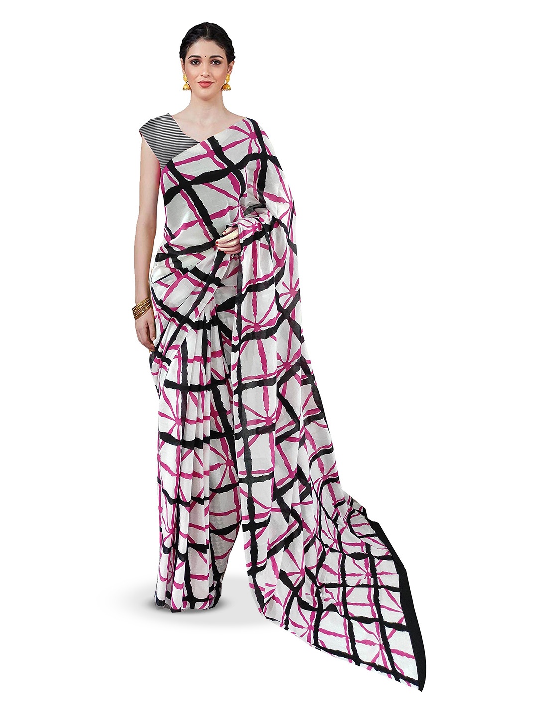 

JAIPURI PRINT Pure Cotton lock Ptinted Saree with Blouse, White