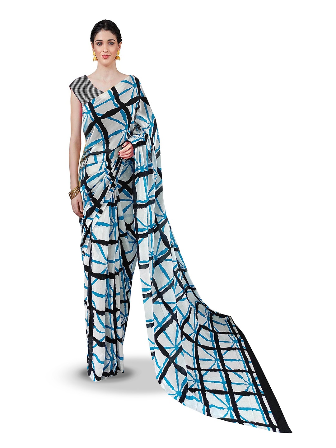 

JAIPURI PRINT Pure Cotton Block Ptinted Saree with Blouse, Blue
