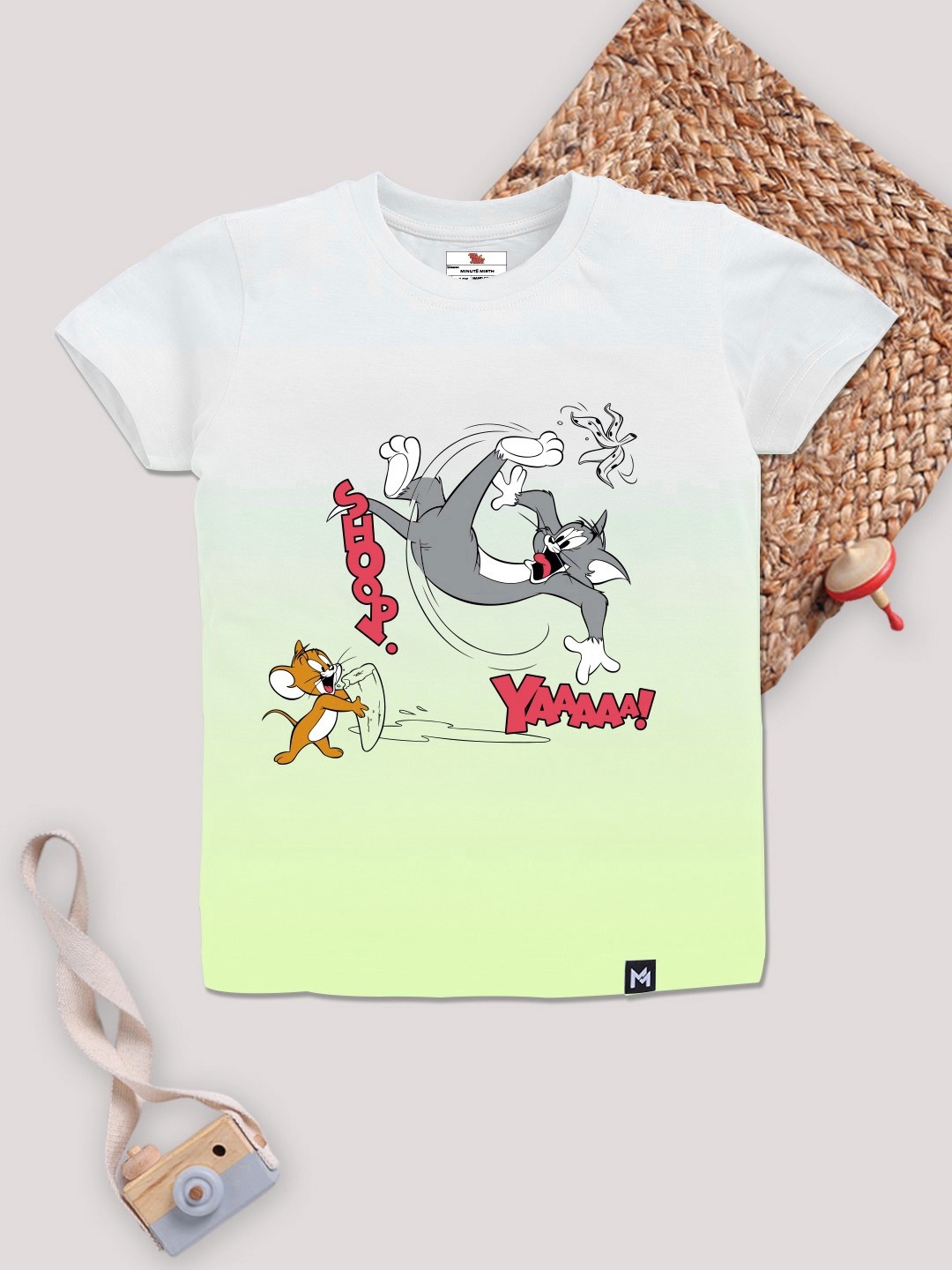 

YK X Minute Mirth Boys Ombre Effect Tom & Jerry Printed Pure Cotton T-shirt, White