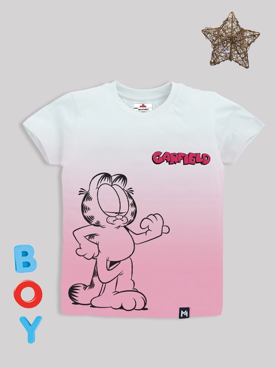 

YK X Minute Mirth Boys Ombre Effect Garfield Printed Pure Cotton T-shirt, White