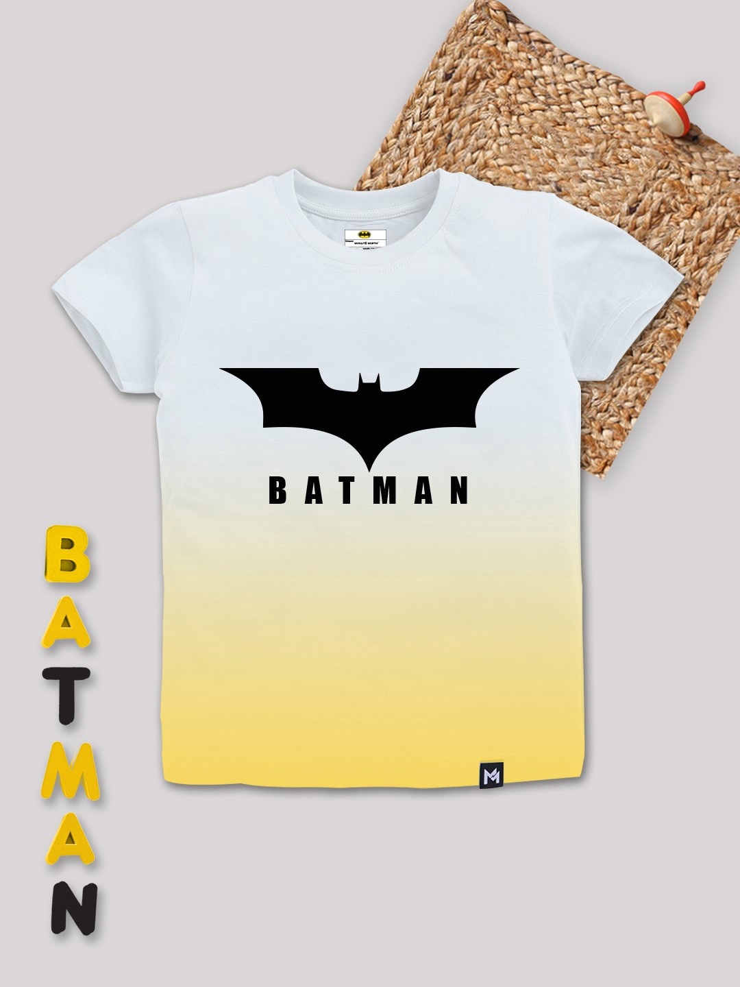 

YK X Minute Mirth Boys Ombre Effect Batman Printed Pure Cotton T-shirt, Yellow