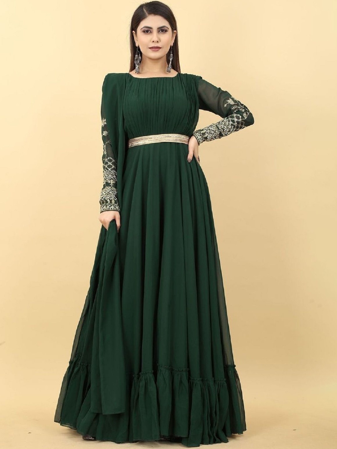 

Fashion Basket Georgette Fit & Flare Maxi Ethnic Dress With Dupatta, Green