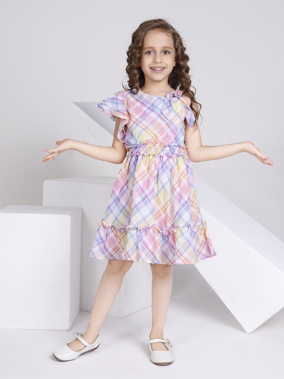 

Peppermint Checked Flutter Sleeve Fit & Flare Dress, Multi