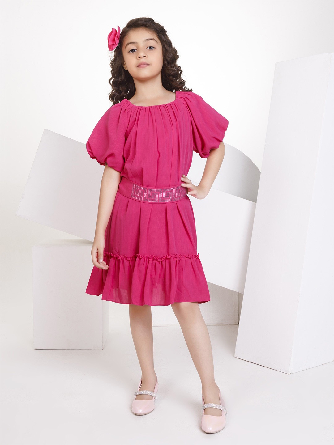 

Peppermint Puff Sleeve Fit & Flare Dress, Pink