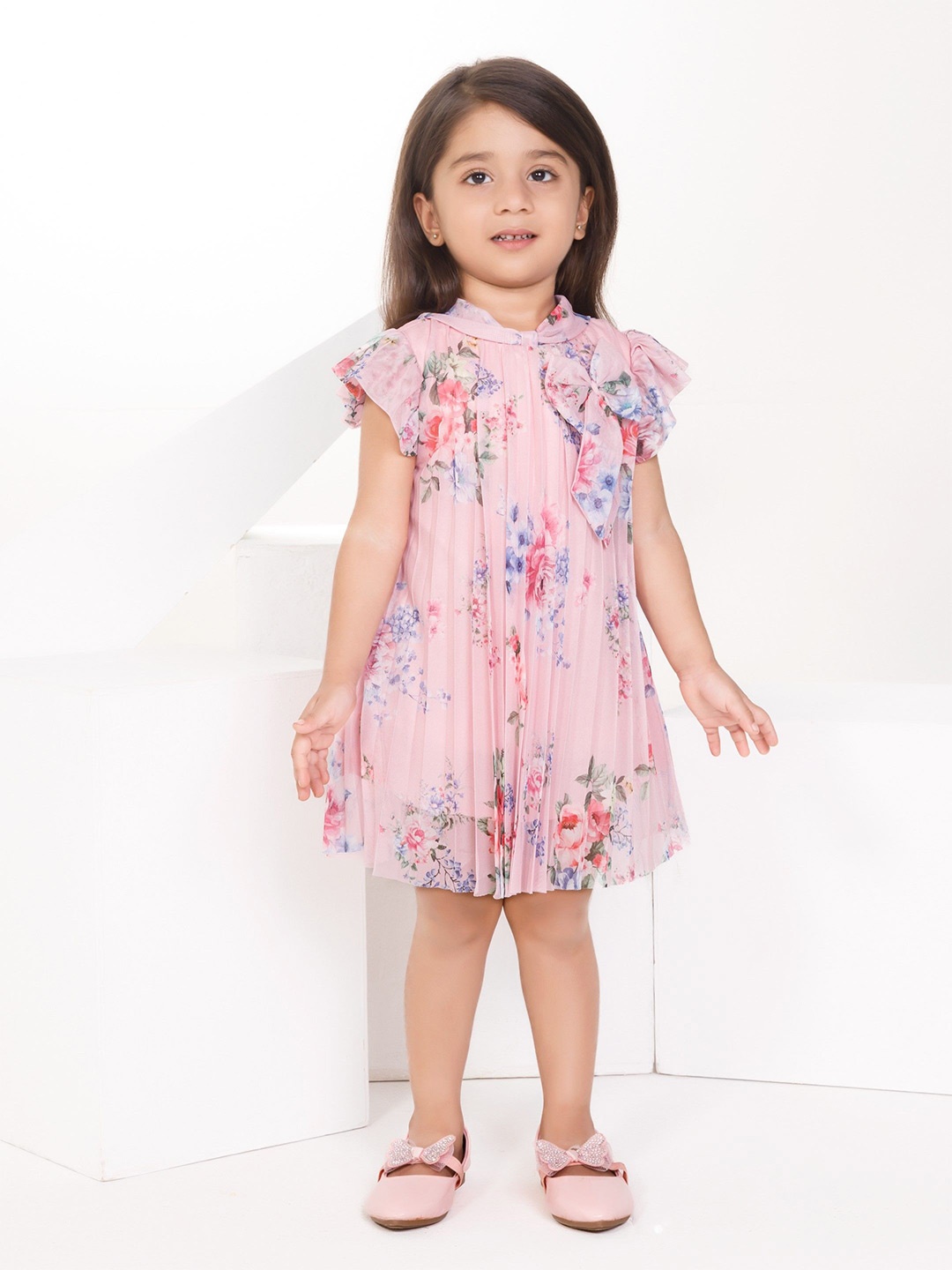 

Peppermint Girls Floral Print Flutter Sleeve Fit & Flare Dress, Pink