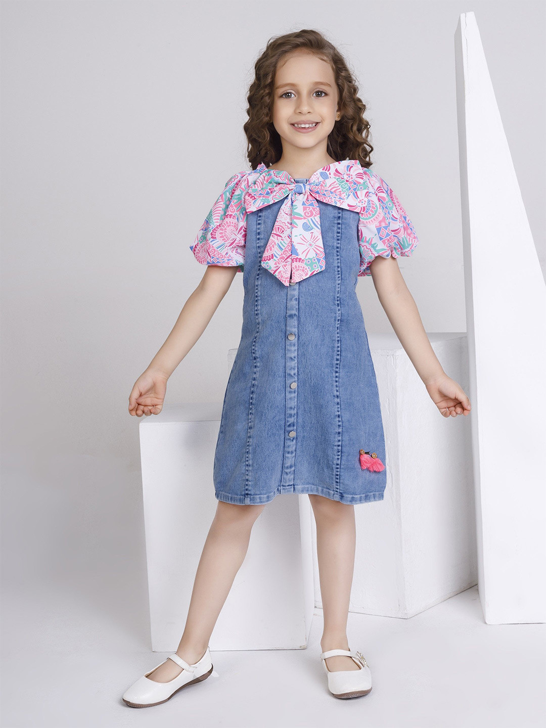 

Peppermint Girls Floral PuffSleeve Denim A-Line Dress, Blue