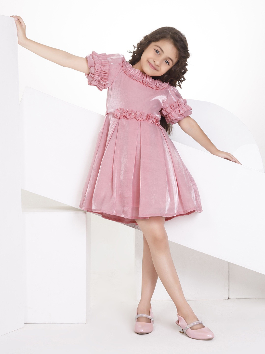 

Peppermint Girls Puff Sleeve Crepe Fit & Flare Dress, Peach