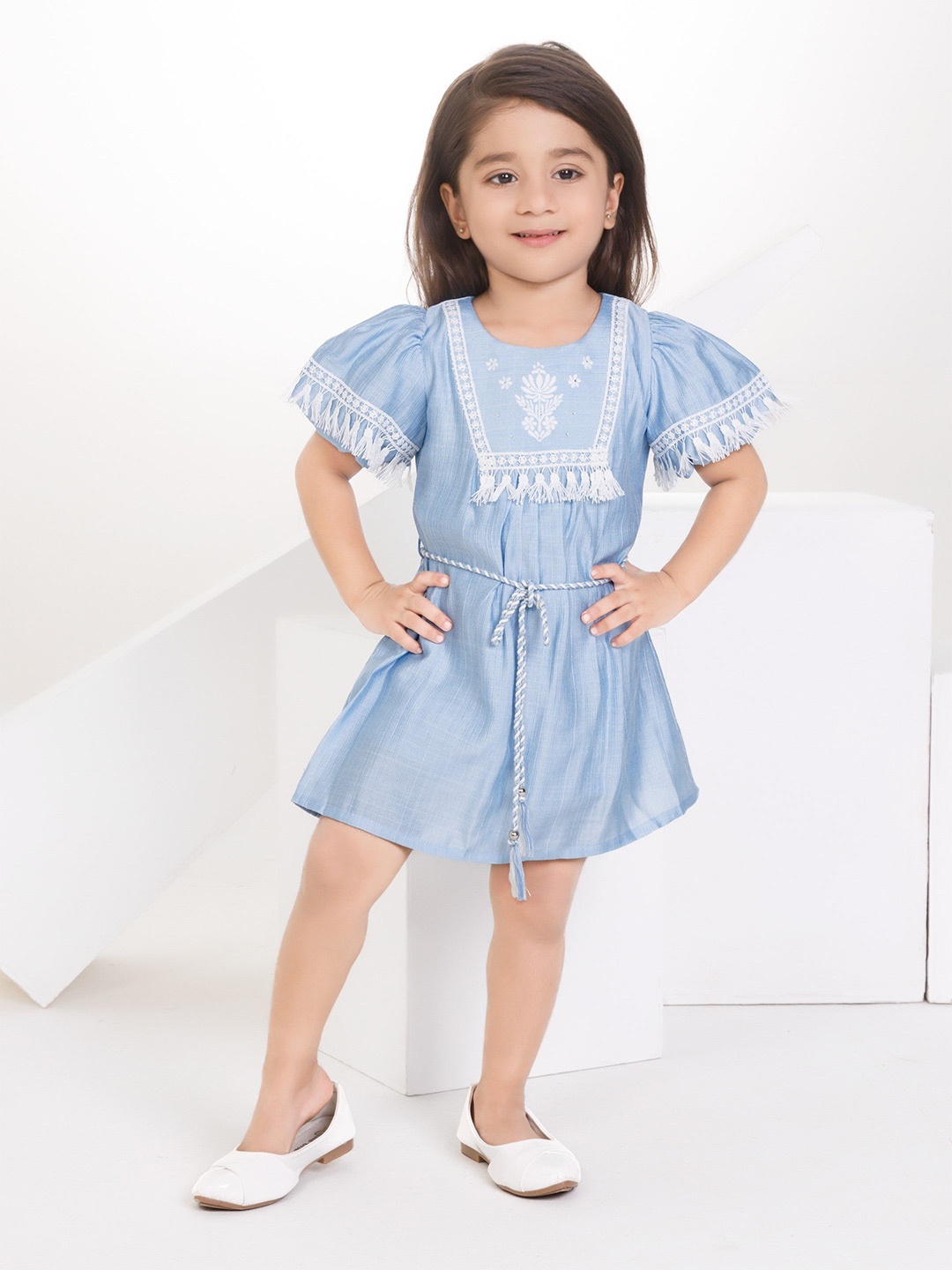 

Peppermint Girls Puff Sleeves Fit & Flare Dress, Blue