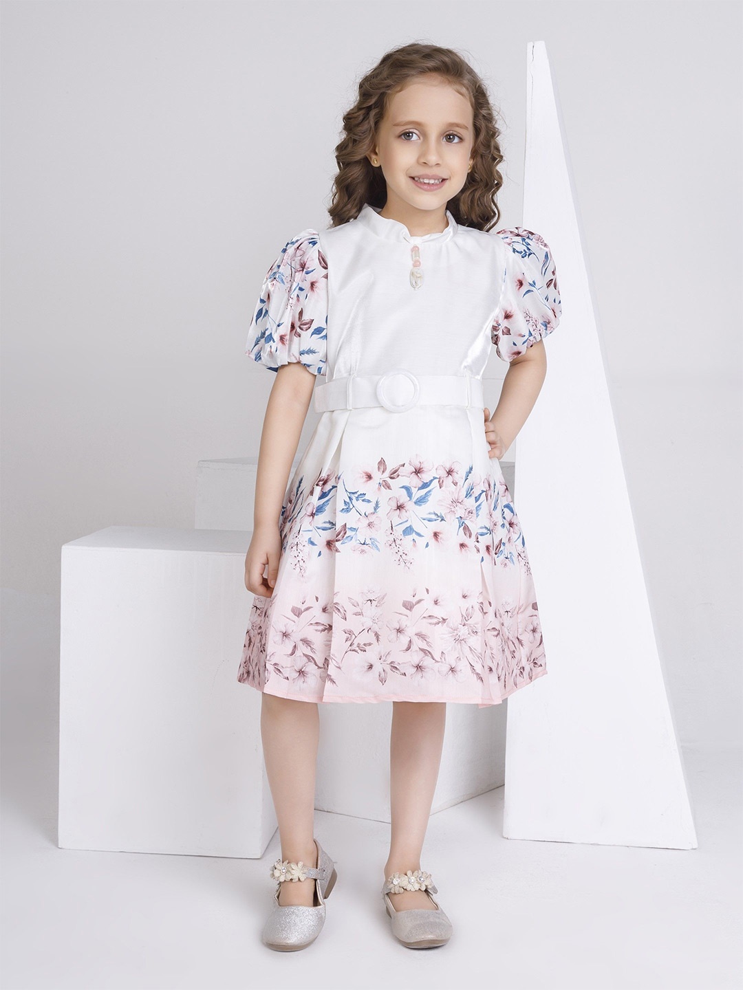 

Peppermint Girls Floral Print Puff Sleeves Fit & Flare Midi Dress, Cream
