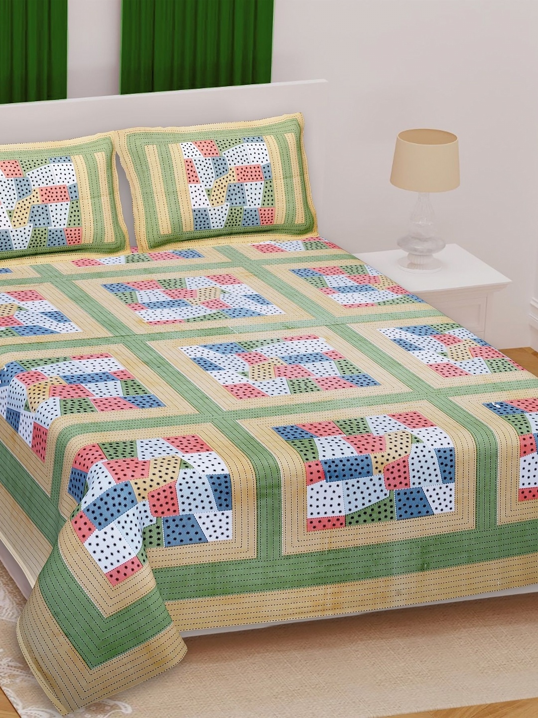 

Texstylers Green & White Ethnic Motifs 210 TC Cotton Queen Bedsheet With 2 Pillow Covers