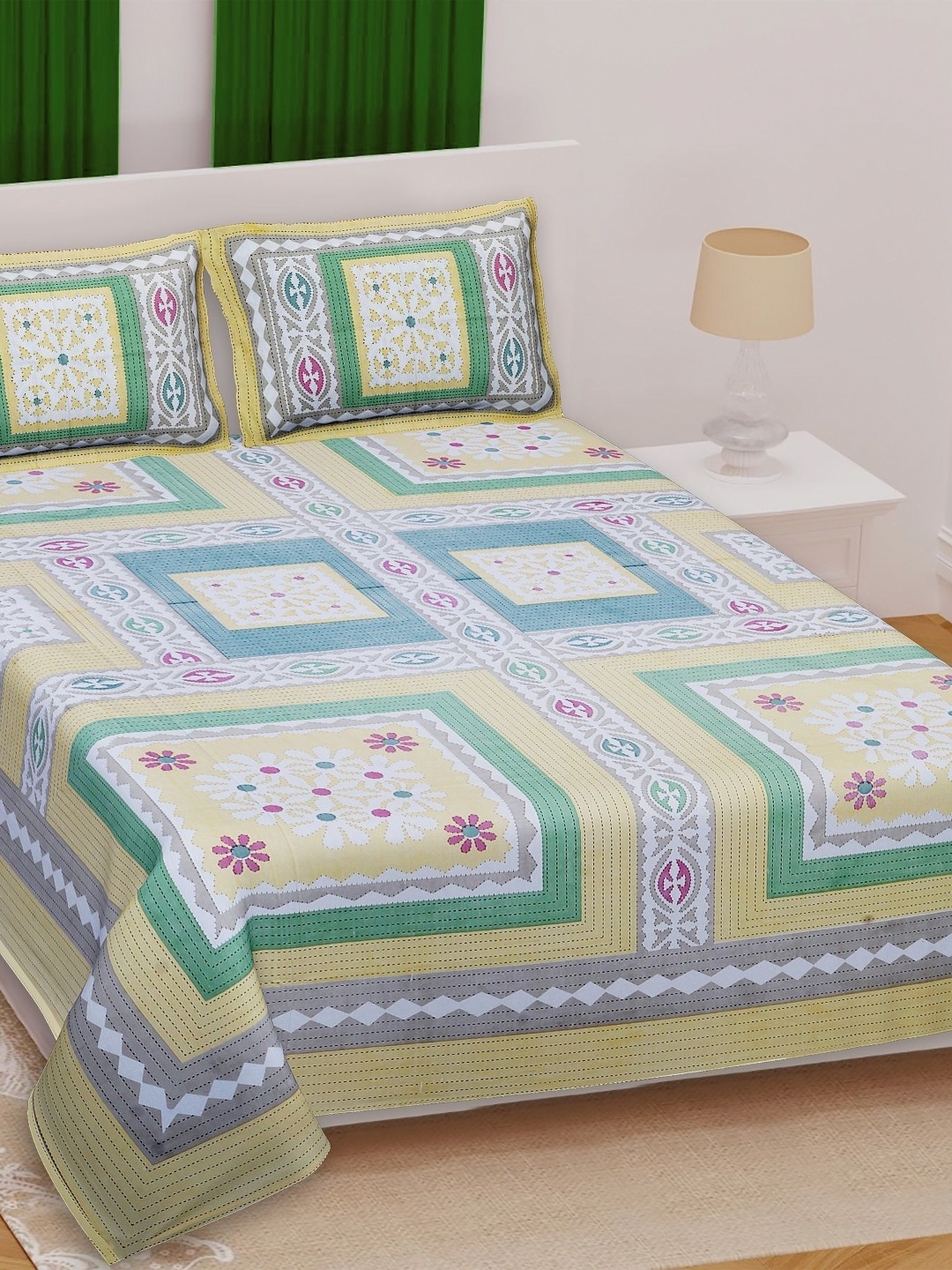 

Texstylers Grey & Yellow Ethnic Motifs Cotton 210 TC Queen Bedsheet With 2 Pillow Covers