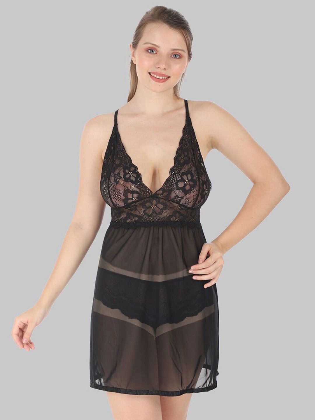 

KRENOZ Net Self Design Shoulder Straps Baby Doll, Black