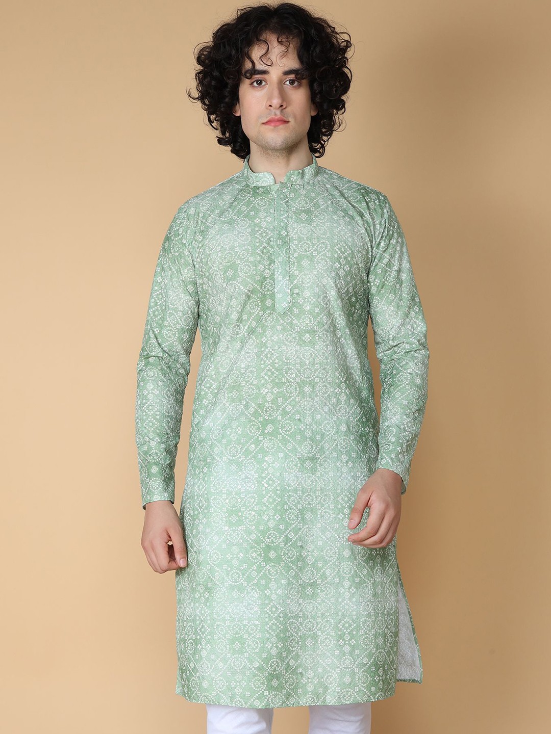 

NAMASKAR Bandhani Printed Mandarin Collar Cotton Straight Kurta, Green