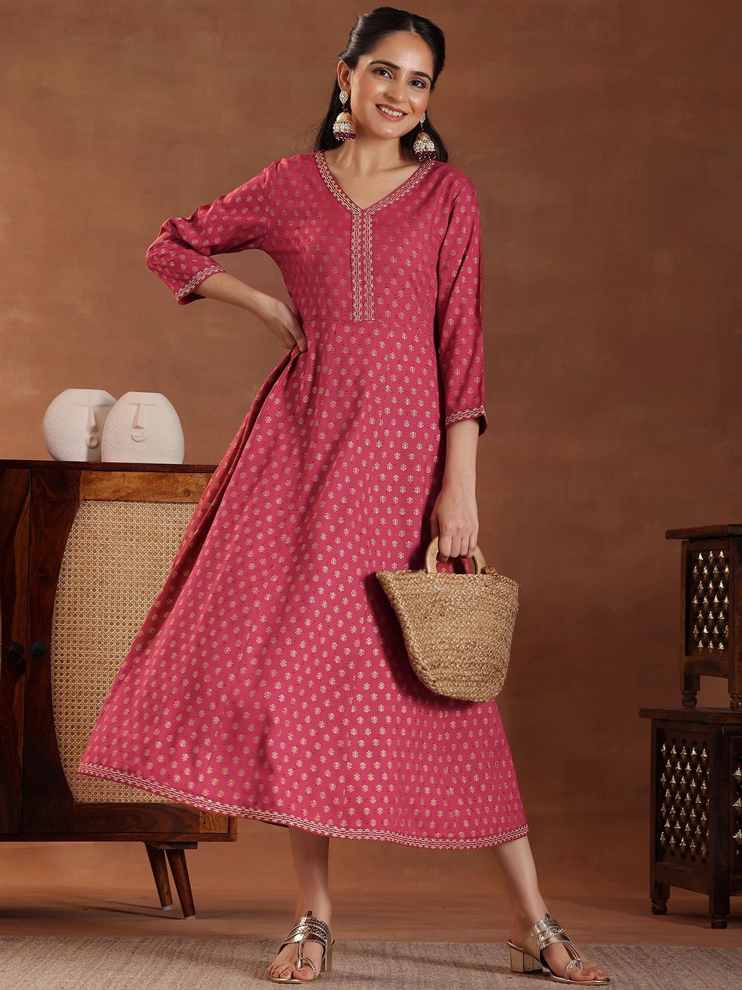 

Libas Ethnic Motifs Print A-Line Midi Dress, Pink