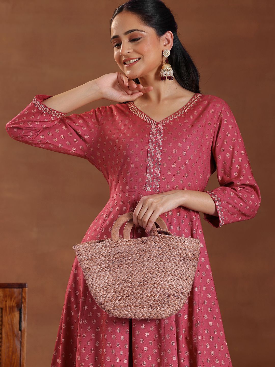 

Libas Ethnic Motifs Print A-Line Midi Dress, Pink