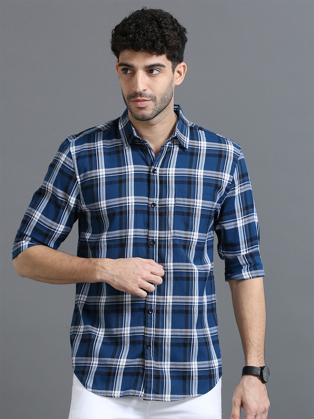 

Rope Men Classic Slim Fit Tartan Checks Opaque Checked Casual Shirt, Blue