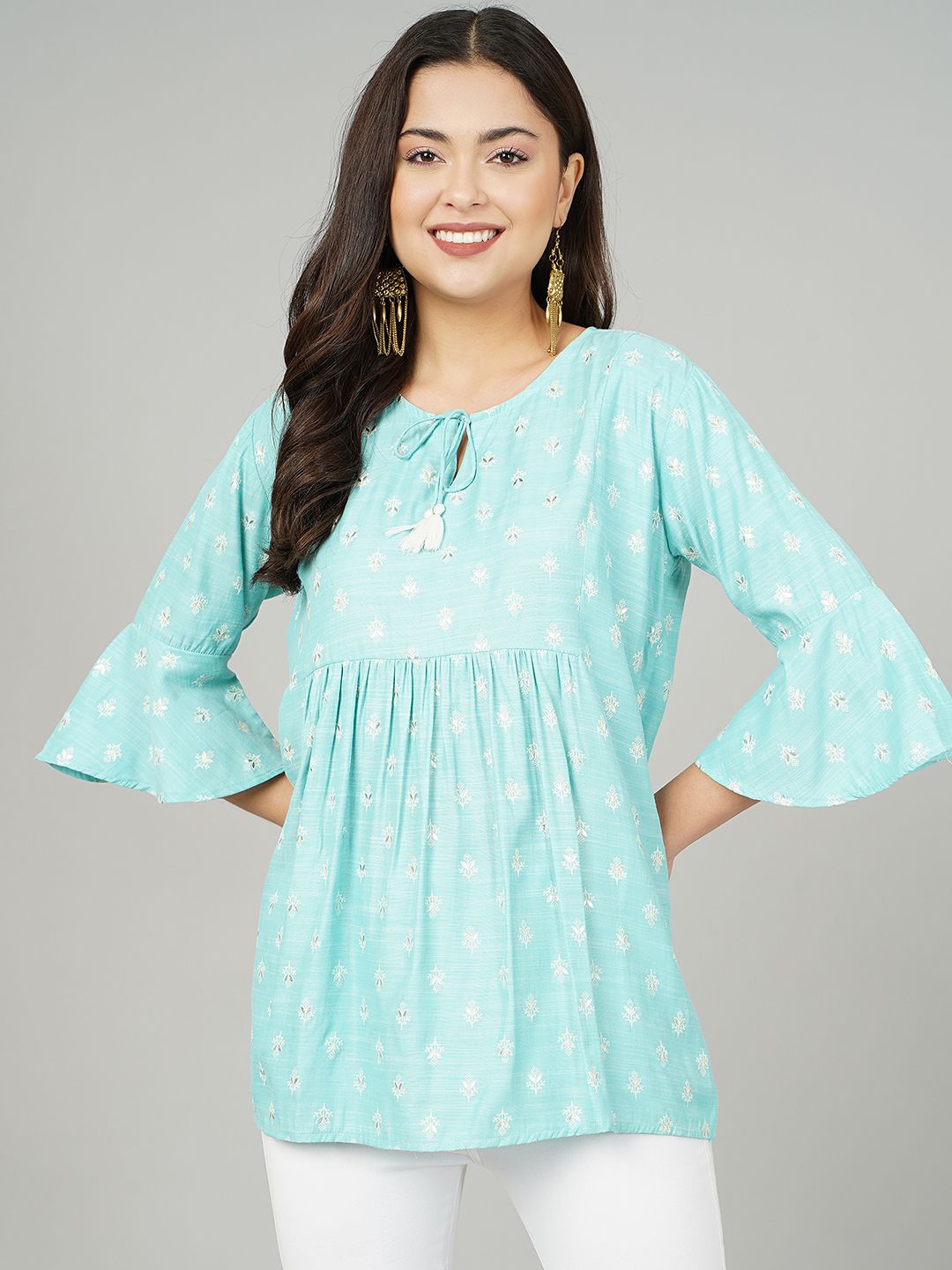 

KALINI Geometric Print Tie-Up Neck Bell Sleeve Block Print Cotton Empire Longline Top, Sea green