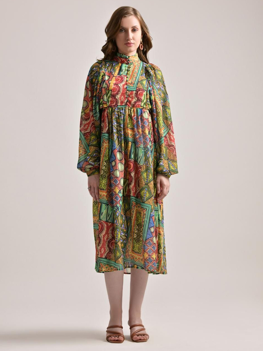 

The Samoa Ethnic Motifs Print A-Line Midi Dress, Green