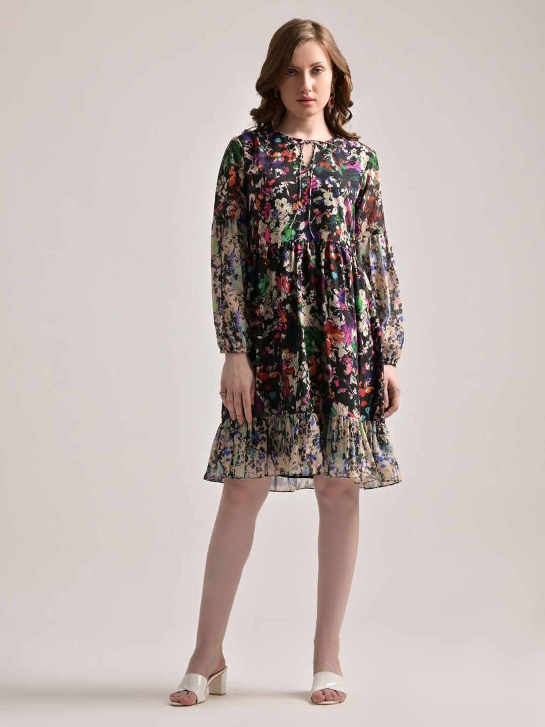 

The Samoa Floral Print Tie-Up Neck A-Line Dress, Black