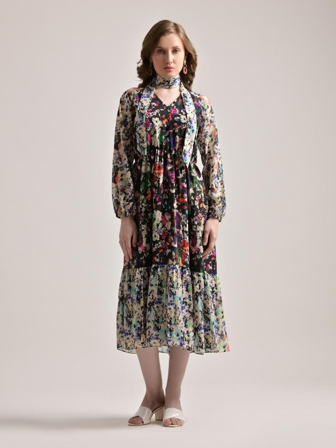 

The Samoa Floral Print Tie-Up Neck Puff Sleeve A-Line Midi Dress, Black