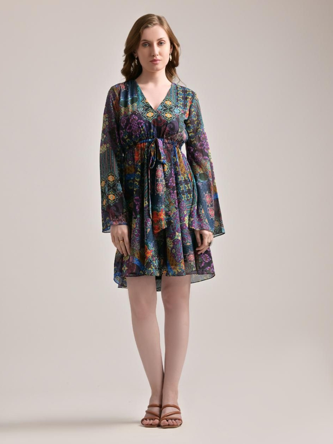 

The Samoa Floral Print Flared Sleeves Fit & Flare Dress, Black