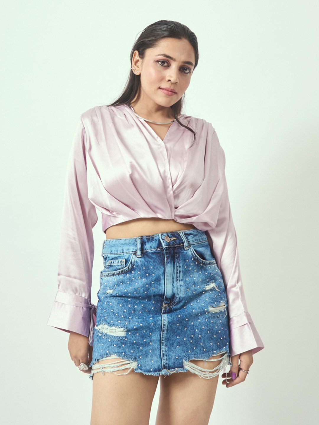 

D BIAS Striped Satin Wrap Crop Top, Lavender