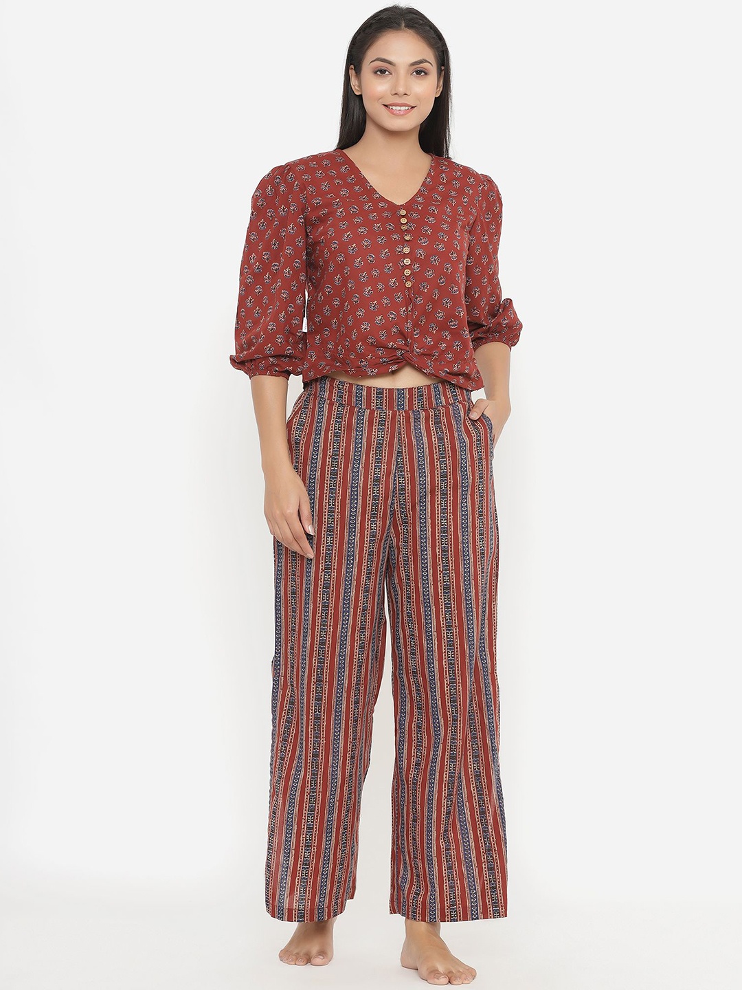 

JISORA Printed Pure Cotton Top With Pyjamas, Maroon