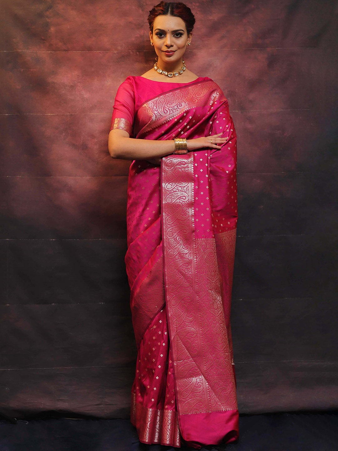 

BAESD Ethnic Motifs Woven Design Pure Silk Banarasi Saree, Pink