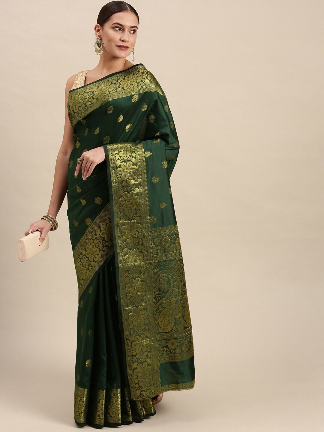 

BAESD Ethnic Motifs Woven Design Zari Pure Silk Banarasi Saree, Green