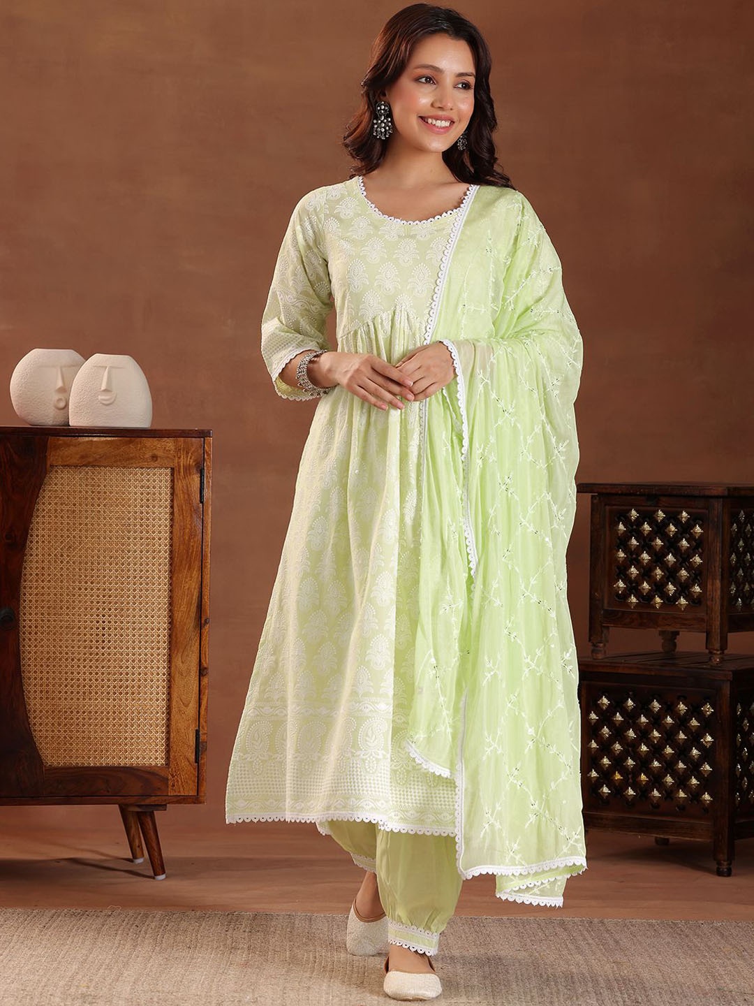 

Libas Floral Embroidered Thread Work Pure Cotton A-Line Kurta Set, Green