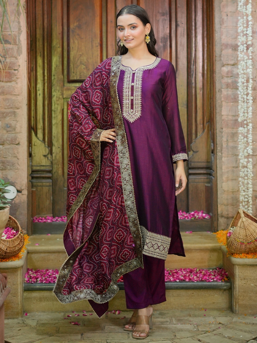 

Libas Ethnic Motifs Embroidered Regular Kurta with Trousers & With Dupatta, Burgundy