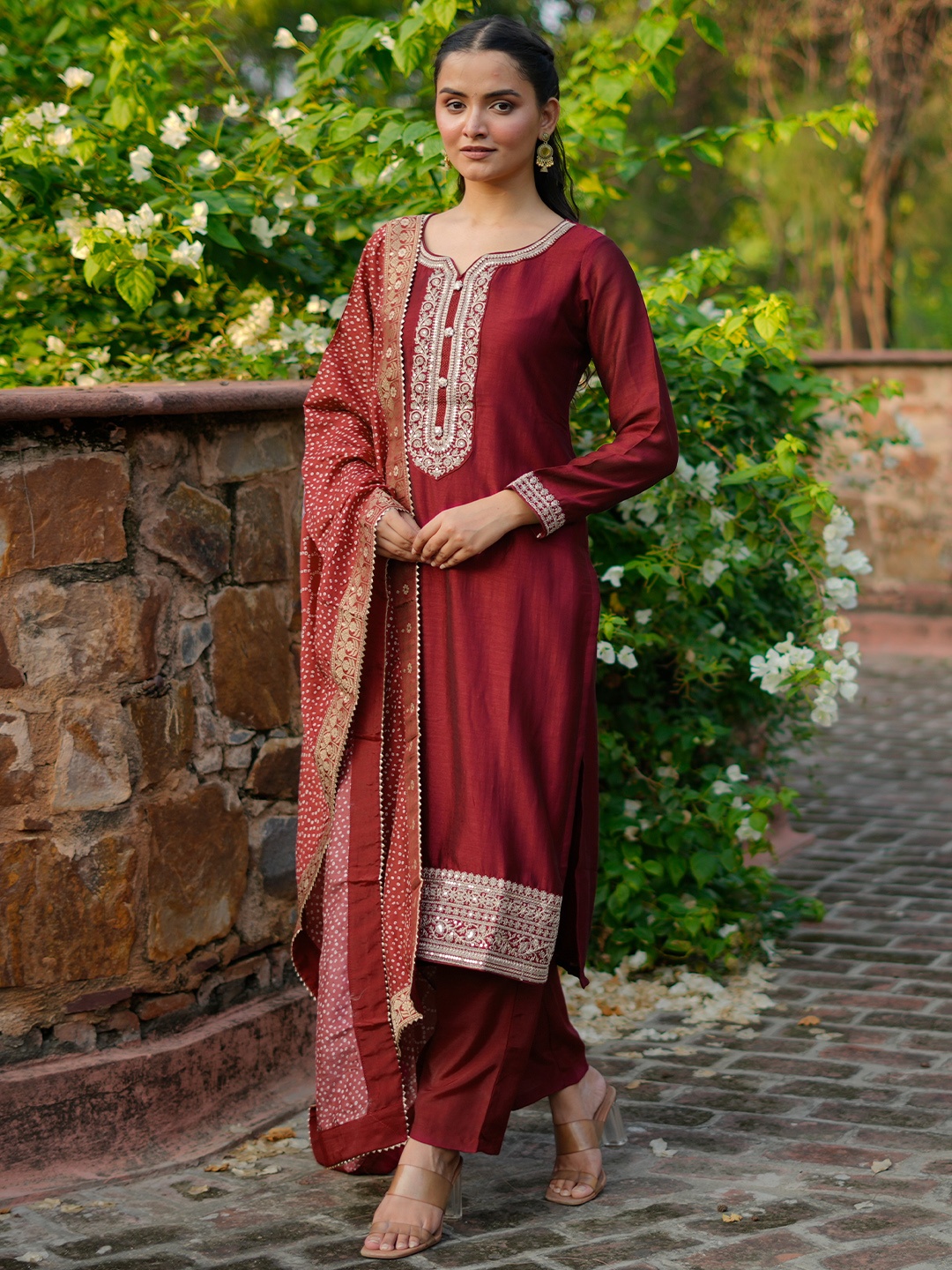 Libas Women Floral Yoke Design Zari Work Straight Kurta With Trousers & Dupatta, Maroon